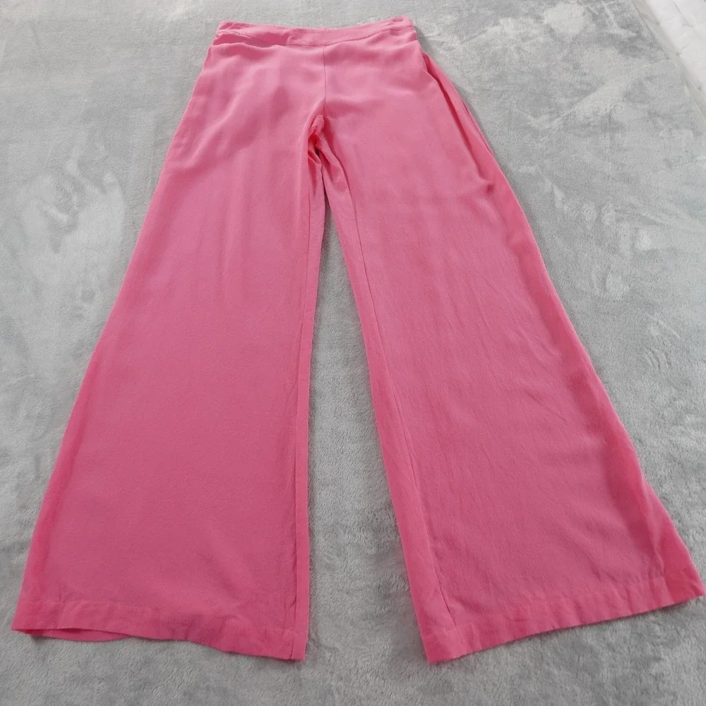 120% Wide Leg Pants Womens 42 M Pink Silk Crepe Elastic Waist Pull On Dress Pant